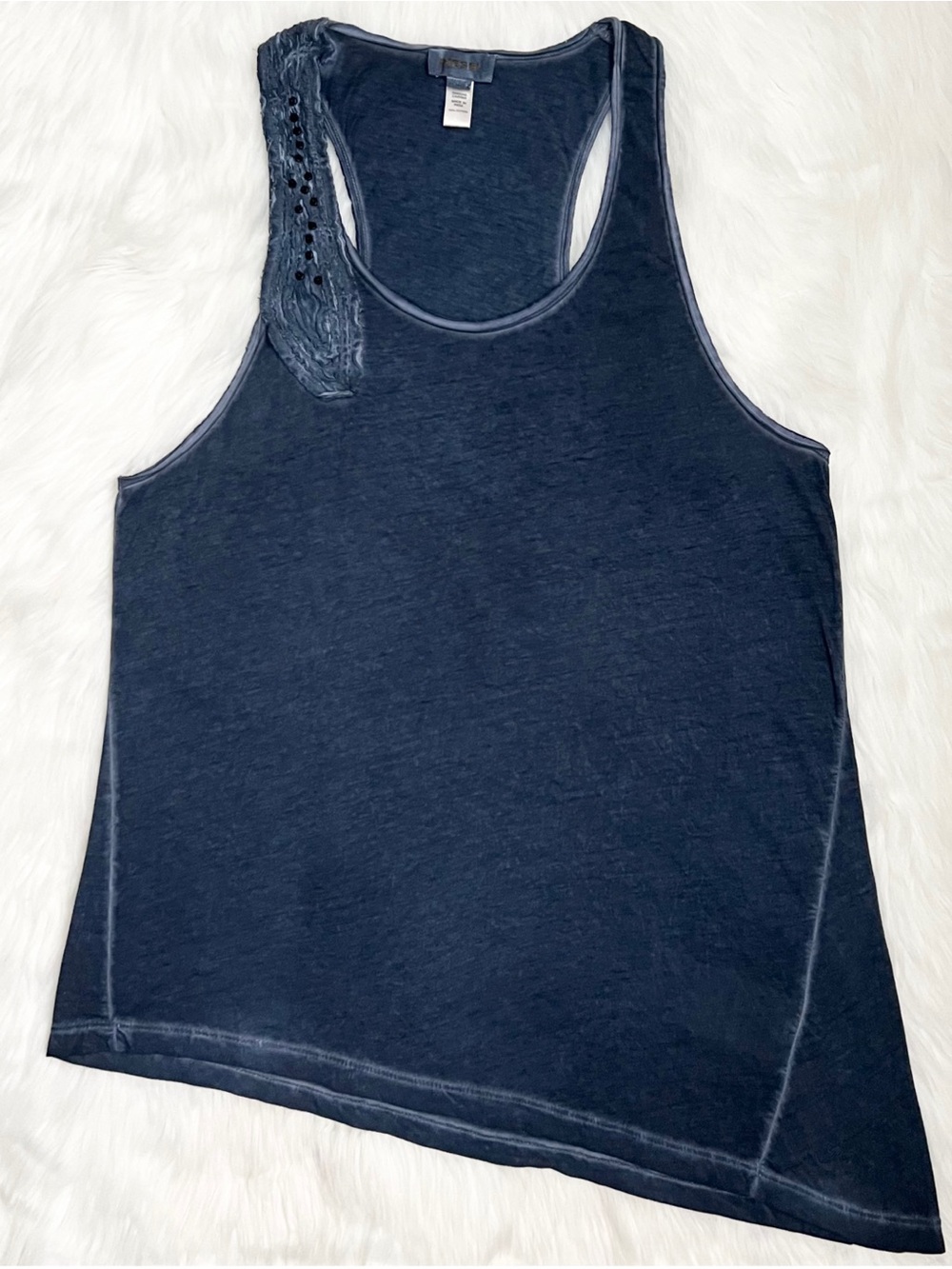 DIESEL Dark Blue Racerback Asymmetrical Tank Top With Spiky Studs Detail